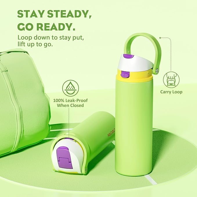 POWCAN 24 oz Insulated Water Bottle: 2-in-1 Push-Button Spout & Quick-Flip Straw, Leakproof, Cold 24Hrs, Lockable, Fits Car Cup Holder, Stainless Steel Cup for Sports, Travel, Daily Use (Scare School)