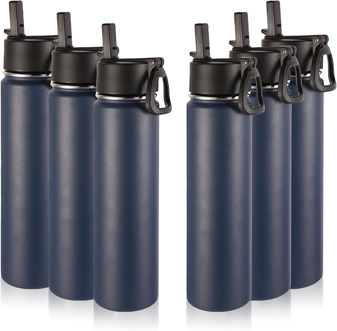 Volhoply 24oz Insulated Water Bottle With Straw Bulk 6 Pack,Metal Wide Mouth Water Bottles With Handle Lid Keep Cold,Reusable Double Wall Cups,Powder Coated Sport Bottle For Holder(Navy,6 Count)