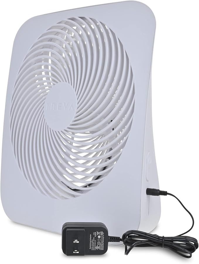 Treva 10-Inch Portable Fan, Powered by Battery and/or AC Adapter - Desk Fan Air Circulating with 2 Cooling Speeds for Personal and Travel Use (White)