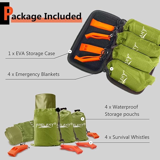 Frelaxy Emergency Blanket 2-Pack/4-Pack, Extra-Thick Extra-Large Space Blankets with Whistles, Storage Pouchs, and EVA case, 83" x 60"
