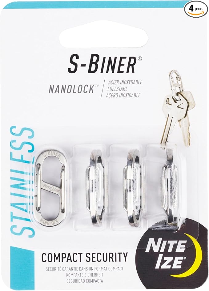 Nite Ize S-Biner NanoLock - Mini Stainless Steel Carabiner for Compact Security - Features Narrow Openings & Dual Spring Gates - Organize & Secure Keys with Ease - 4 Pack