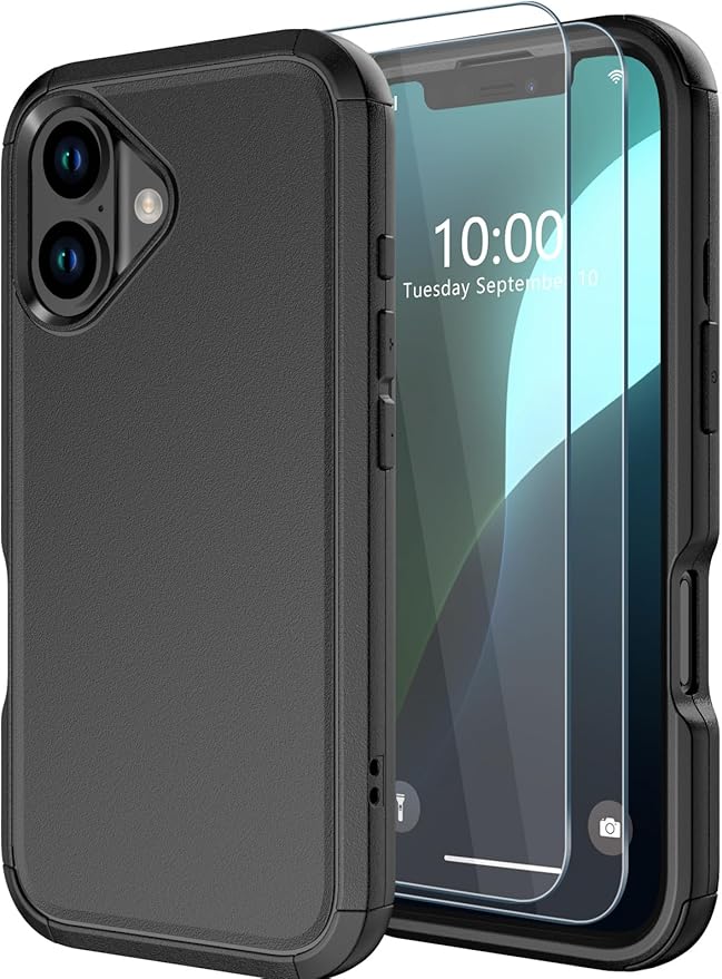 for iPhone 16 Plus Case [Shockproof] [Dropproof] [with Screen Protector ] Heavy Duty Protection Phone Case Cover - Black