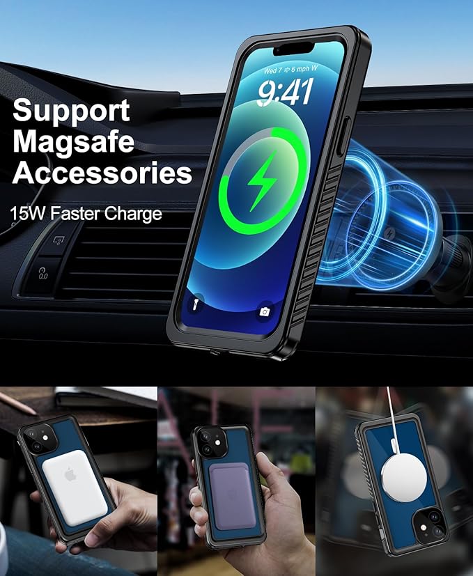 Beeasy for iPhone 12 Waterproof Case Compatible with Magsafe IP68 Underwater Military Grade, Phone Case with Shockproof, Dustproof, Rugged 360 Full Body Protection Cover with Built-in Screen Protector