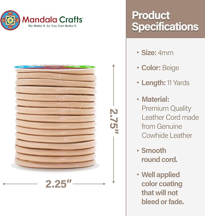 Mandala Crafts Round Genuine Beige Leather Cord for Jewelry Making – 4mm Cowhide Leather Rope String Lace for Kumihimo – 11 Yards Cowhide Craft Cording Spool