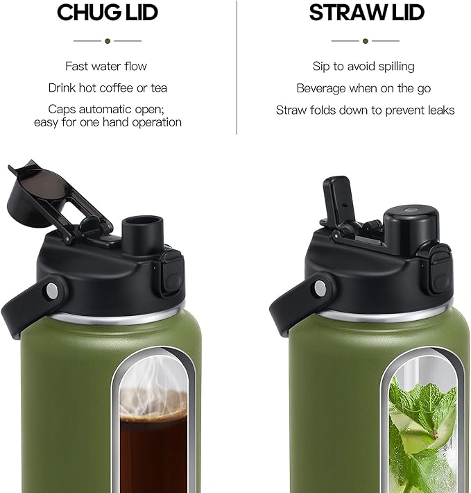 64oz Half Gallon Insulated Water Bottle with 2-in-1 Lid (Chug & Straw), Double Walled Vacuum Stainless Steel Water Bottles, Wide Mouth Leakproof Insulated Jug with Straw