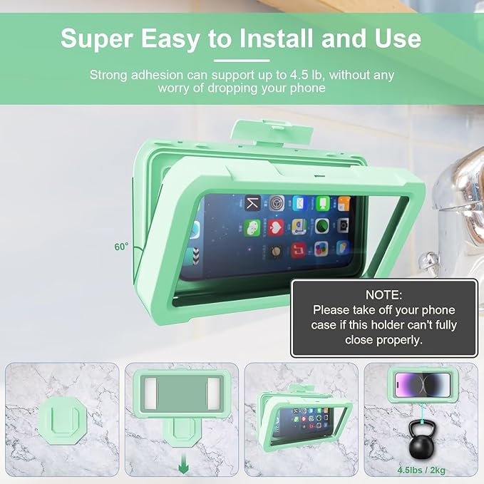 URROY Shower Phone Holder Waterproof, 360° Rotation Shower Phone Case, Anti-Fog High Sensitivity Universal Cover Mount Stand for Bathroom Wall Mirror Bathtub Kitchen, Gift for Men Women New Mint
