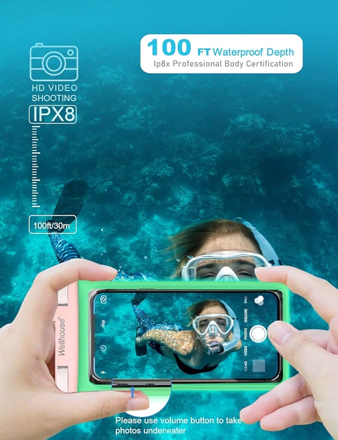wellhouse Waterproof Phone Pouch, Waterproof Phone Case for iPhone 17 16 15 14 13 Pro Max XS Samsung, IPX8 3D Cellphone Dry Bag Beach Essentials (2 Pack - Luminous Blue & Pink7.0, 7 inch)