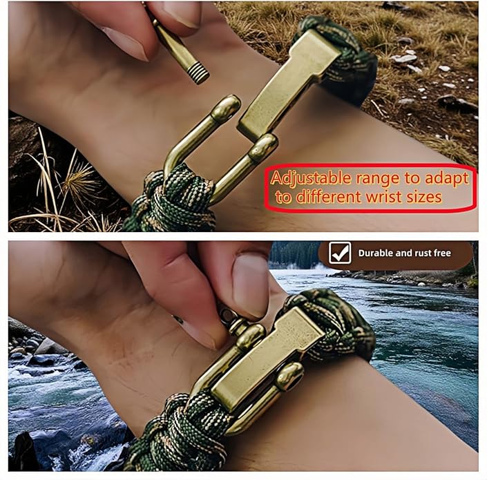 Patriotic Paracord Survival Bracelet for Men - Bronze US Flag Pendant Tactical Gear with Multi-Tool Functions, Adjustable Size (12-25cm), Green Camo Gold Thread Design