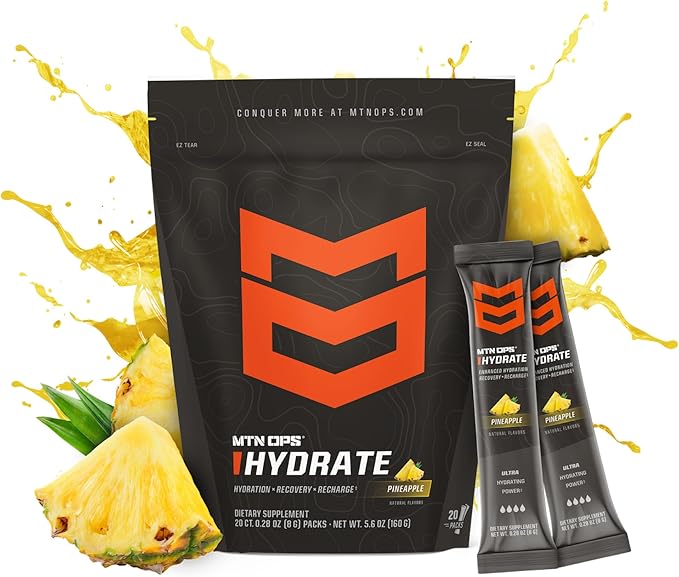 MTN OPS Hydrate Low Sugar Electrolyte Powder Drink Mix with 1g D-Ribose Sugar, 1000mg Electrolytes, On-The-Go Packs, 20 Stick Packs, Pineapple