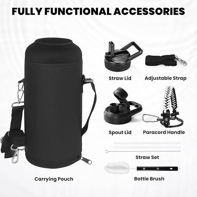 RAYMYLO Insulated Water Bottle 87 oz, Triple Wall Vacuum Stainless Steel (Cold for 48 Hrs), Leak Proof & Non-BPA, Modern Water Flask Jug with Paracord Handle & Straw Spout Lids, Ombre: White/Black