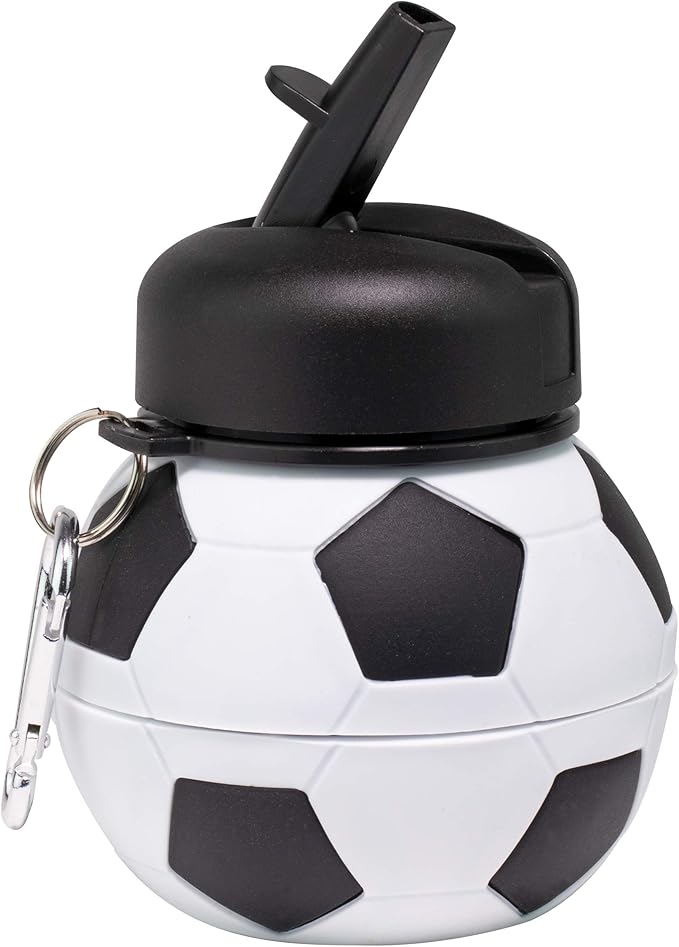 Maccabi Art Collapsible Silicone Soccer Ball Water Bottle for Kids, 18 oz BPA-Free with Clip, Leak-Proof Spout, Portable Sports Drink Bottle