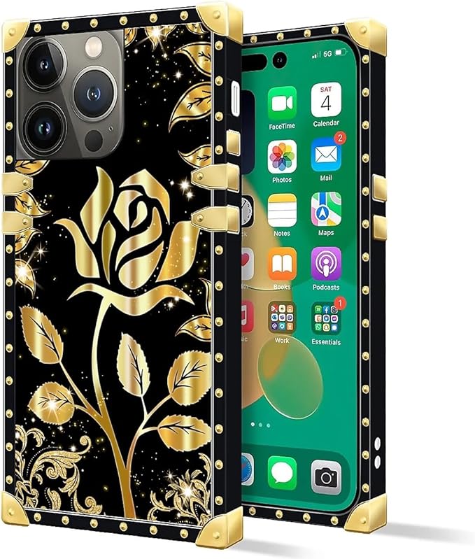 Compatible with iPhone 14 Pro Max Case, Shine Gold Rose Luxury Golden Decoration for Girl Women Soft TPU Shockproof Protective Hard PC Back for iPhone 14 Pro Max