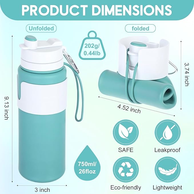 LemonRoad 4 Pcs 26 oz Silicone Collapsible Water Bottle, Portable Foldable Water Bottle Leakproof with Carabiner Reuseable Lightweight for Travel Sports Hiking Camping Cycling Office (Green)