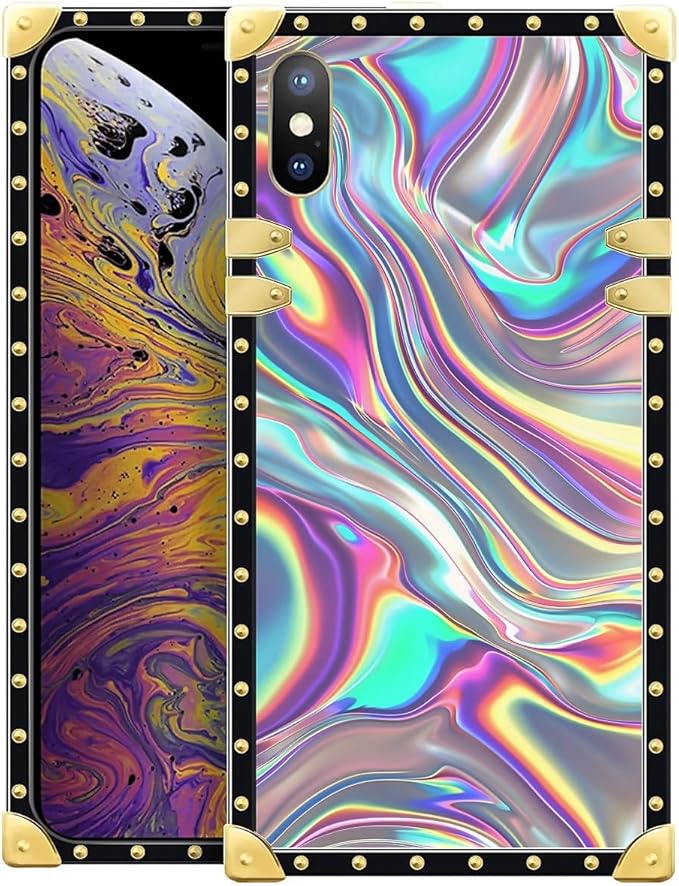 Compatible with iPhone XR Case, Holographic Abstract Iridescent Textures Luxury Golden Decoration for Girl Women Soft TPU Shockproof Protective Hard PC Back for iPhone XR