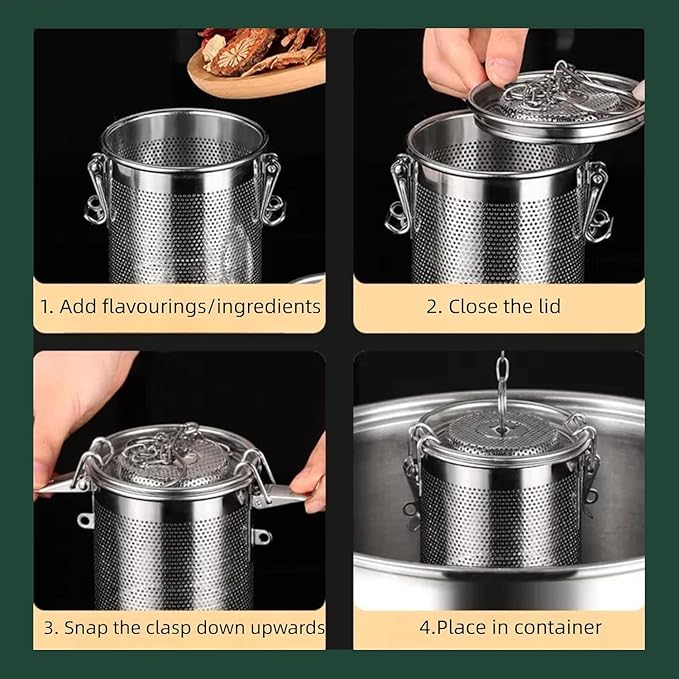 Stainless steel cylindrical seasoning filter, Multi purpose spice filter,Mesh Design Tea Ball Strainer Soup Seasonings Seperation Basket Filter with Chain Hook for Home Restaurant (12 * 12CM/1.356L)