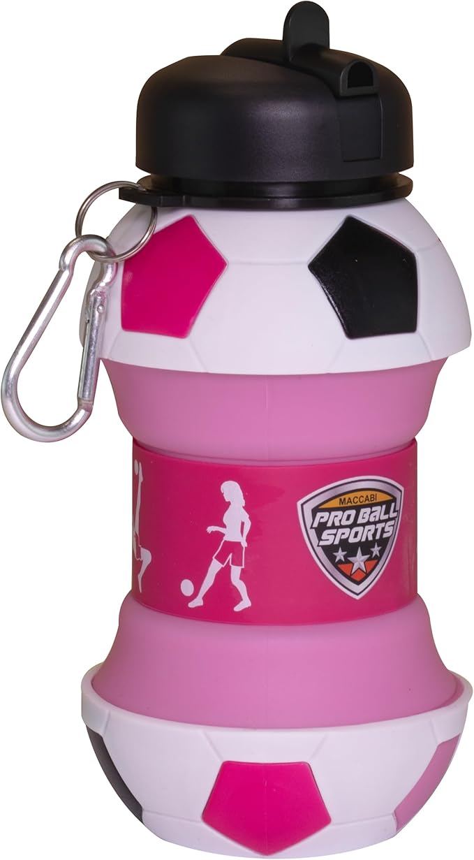Maccabi Art Clip-On Collapsible BPA-Free Silicone Pink Soccer Ball Water Bottle for Kids, 18 Oz. Size