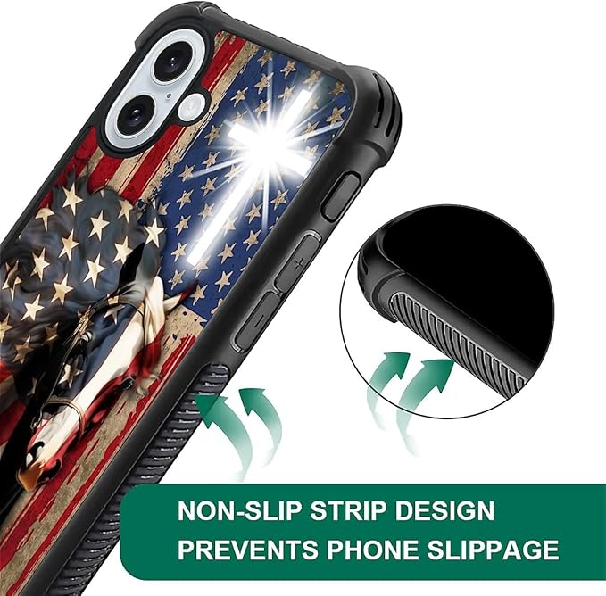 for iPhone 16 Plus Case, Red American Flag Horse Cross Pattern Graphic Design Girl Boy Soft Silicone Hard Acrylic Shock Protection for iPhone 16 Plus