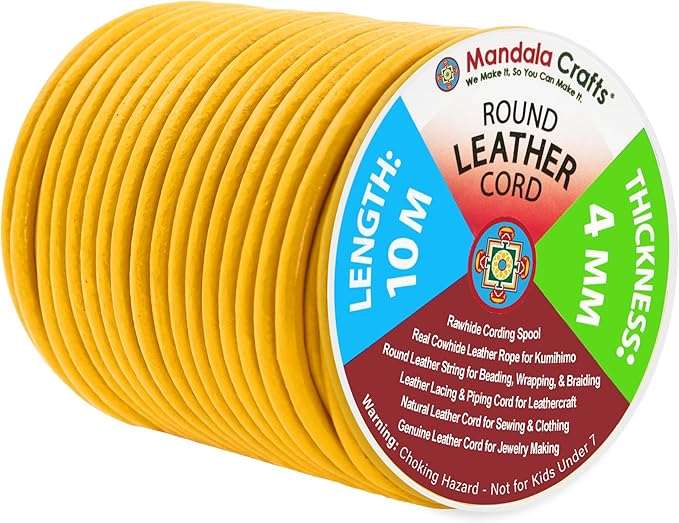 Mandala Crafts Round Genuine Mustard Yellow Leather Cord for Jewelry Making – 4mm Cowhide Leather Rope String Lace for Kumihimo – 11 Yards Cowhide Craft Cording Spool