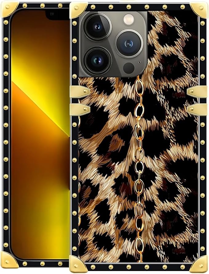 Compatible with iPhone 13 Pro Case, Seamless Gold Chain Leopard Luxury Golden Decoration for Girl Women Soft TPU Shockproof Protective Hard PC Back for iPhone 13 Pro
