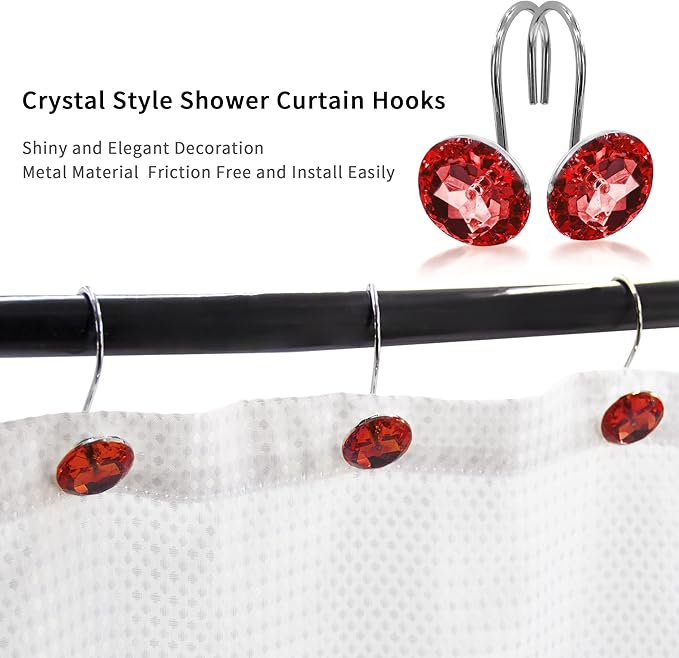 MitoVilla Red Christmas Shower Curtain Hooks Rings, Holiday Shower Hooks for Burgundy Shower Curtain Liner, Xmas Rust Proof Shower Rings for Curtain and Bathroom Shower Rod, 12 Pack Set