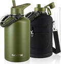 COKTIK 84oz Insulated Water Bottle - Stainless Steel Vacuum Metal, Portable ½ Gallon Large-Capacity Sports Bottle with Straw, Carry Bag and Handle Strap, Ideal for Gym & Hiking（Army Green)