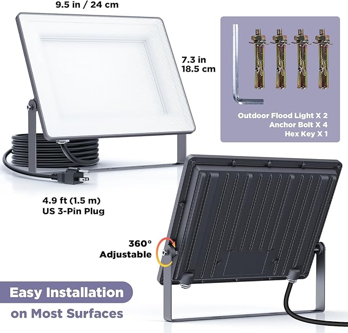 100W 12000LM Flood Lights Outdoor, Bright LED Work Light with Plug, 6500K Daylight White LED Flood Lighting, Security Yard Lights, Waterproof for Garage, Yard, Porch 2 Pack