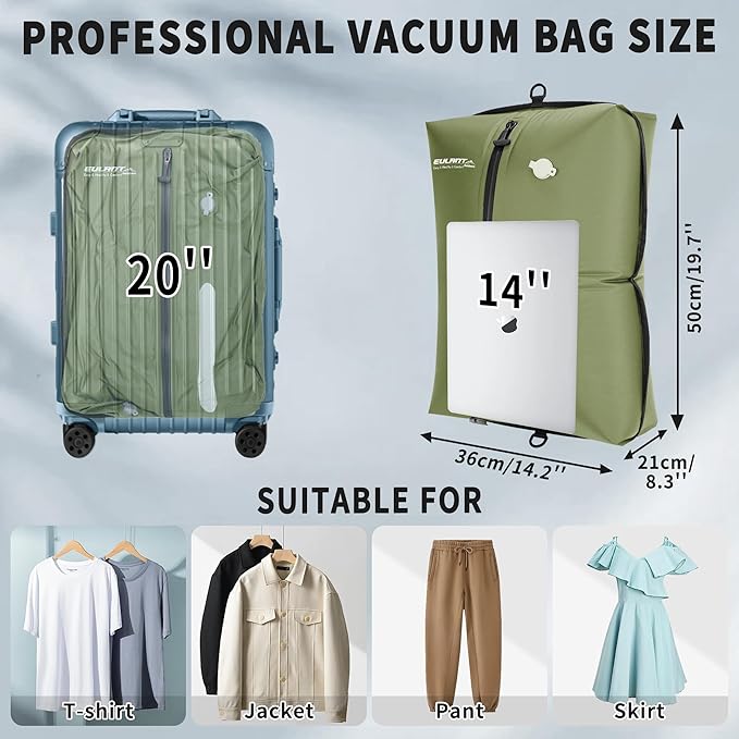 Reusable Vacuum Bags for Travel With Pump,Professional Waterproof IPX8 Vacuum Compression Bag for Suitcases Backpack,Space Saver Bags Packing Organizers for Clothing Packing（2 Pack,Green)