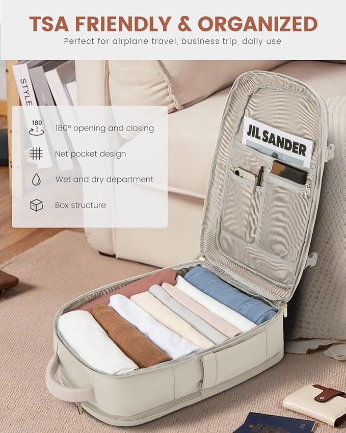LOVEVOOK Travel Backpack For Women, 40L Carry On Backpack Flight Approved, TSA Personal Item Backpack Fits 17 Inch Laptop, Business Weekender Overnight Waterproof Daypack With 2 Packing Cubes, Beige