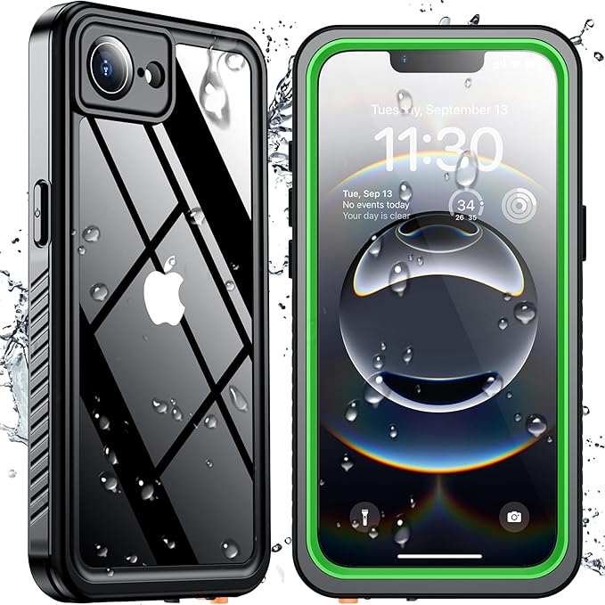 SPIDERCASE for iPhone 16e Case/iPhone 17e Case Waterproof,Built-in Screen & Camera Lens Protector[IP68 Underwater] Full Body Protection Phone Case for iPhone 16e/iPhone 17e 6.1'', Green/Clear
