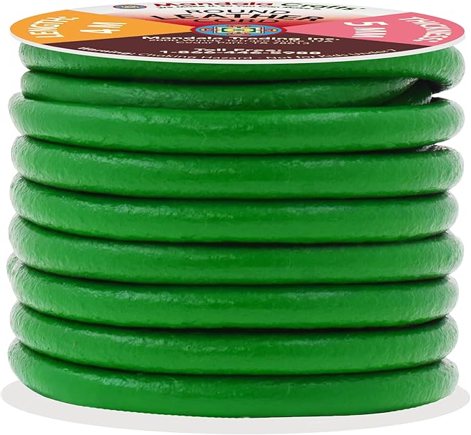 Mandala Crafts Round Genuine Green Leather Cord for Jewelry Making – 5mm Cowhide Leather Rope String Lace for Kumihimo – 4.4 Yards Cowhide Craft Cording Spool