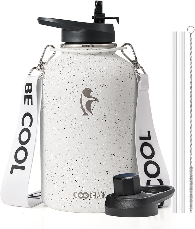 Coolflask Half Gallon Water Bottle with Strap, 64oz Insulated Water Jug Stainless Steel with Straw & Spout Lids, Metal Large Water Flask, Keep Cold 48h Hot 24h, Leak Proof, Non-BPA, Arctic White
