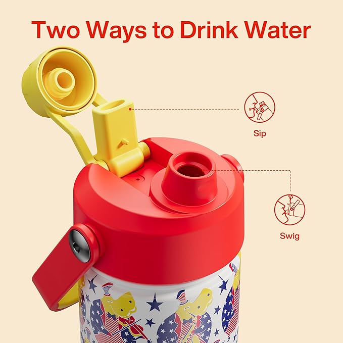 Kids Insualated Water Bottle with Straw,12oz Stainless Steel Water Bottle with Dual Spouts, Leak-Proof,BPA-Free,Double Wall Vacuum Keeps Cold for 24 Hours for Sports,Travel,School (White Hippo Parade)