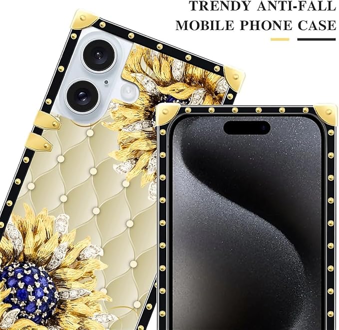 Compatible with iPhone 16 Plus Case, Sunflower Diamonds Leather Luxury Golden Decoration for Girl Women Soft TPU Shockproof Protective Hard PC Back for iPhone 16 Plus