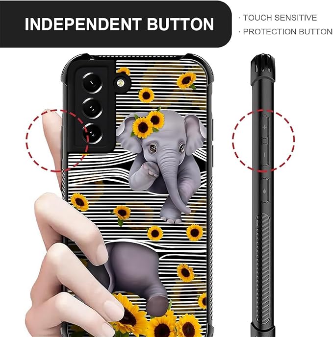for Samsung Galaxy S21 FE Case, Cute Little Elephant Sunflower White Line Art Pattern Graphic Design Soft Silicone Hard Acrylic Shock Protection for Samsung Galaxy S21 FE