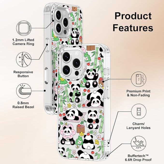 MOSNOVO for iPhone 16 Pro Max Case, Shockproof Military-Grade Protection 6.6ft Drop Tested, Clear Phone Case for iPhone 16 Pro Max, Kawaii Panda Garden Design