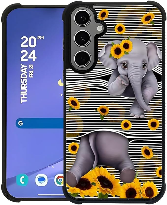 for Samsung Galaxy S24 S25 Plus Case, Cute Little Elephant Sunflower White Line Art Pattern Graphic Design Soft Silicone Hard Acrylic Shock Protection for Samsung Galaxy S24 S25 Plus