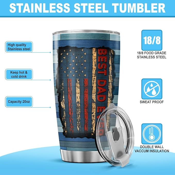 Funny Nutrition Facts Mug for Dad with Rustic USA Design, 20oz Stainless Steel Insulated Tumbler, Patriotic Gift for Father's Day, Birthday, Husband, Grandpa, Travel Use