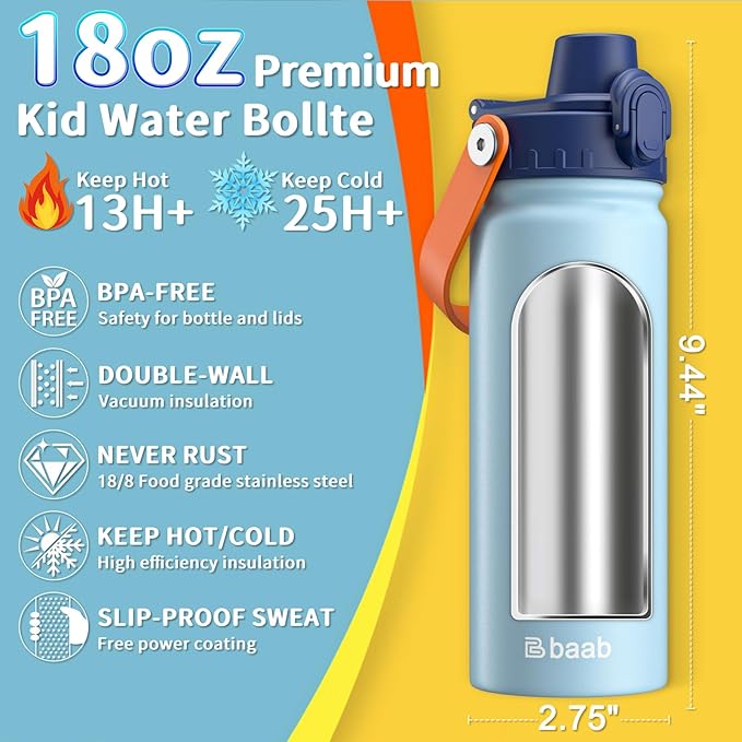 baab 18oz Kids Water Bottle, Insulated Kids Water Bottle with Lockable Spout Lid & Stickers, 18/8 Stainless Steel Vacuum Leakproof Kid Water Cup for Boy Girl & School (Navy Blue+Grey, 2 Pack)