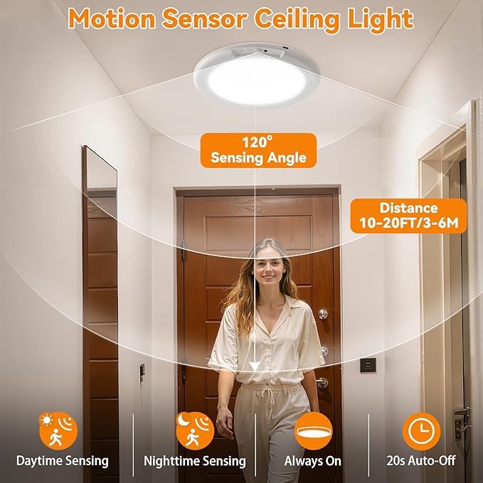 KYEKIO Rechargeable Ceiling Light 2Pack, 3 Color Magnetic Shower Lights with Remote, Wireless Dimmable Closet Light Battery Operated, LED Motion Sensor Lights for Pantry Shed Hallway Porch Stairs
