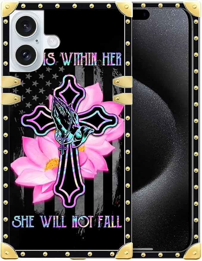 Compatible with iPhone 16 Case, Praying Cross Hands Luxury Golden Decoration for Girl Women Soft TPU Shockproof Protective Hard PC Back for iPhone 16
