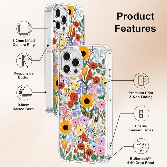 MOSNOVO Case for iPhone 12 & iPhone 12 Pro, [Buffertech 6.6ft Military-Grade Drop Protection] [Anti Peel Off Tech] Clear TPU Bumper Phone Case Cover Design - Blossom & Bloom