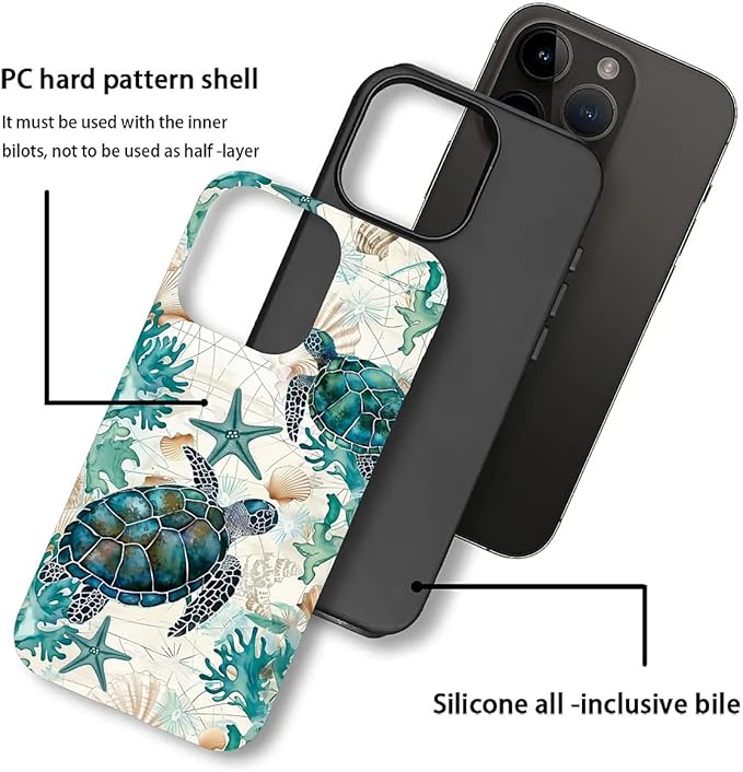 for iPhone 15 Pro Case,HH2 Ocean Sea Turtle Nautical Map Hybrid 2 Layer Hard Shell Silicone Protective Pattern Design Case