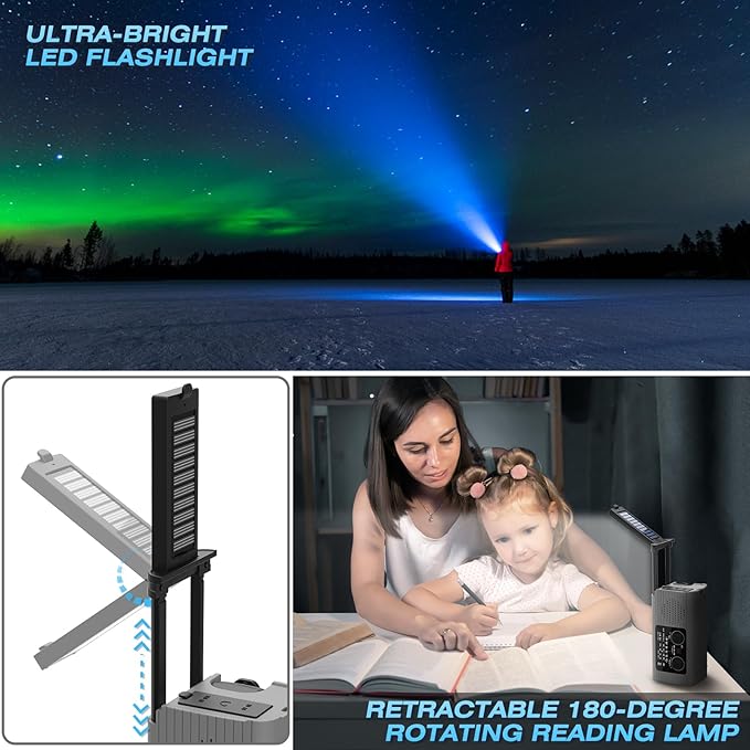 NITIGO Emergency Radio 4000mAh Solar Hand Crank AM/FM/NOAA Portable Weather Radio with Phone Charger, LED Flashlight, Reading Lamp, SOS Alarm, Headphone Jack for Indoor Outdoor Emergency, USB Charged