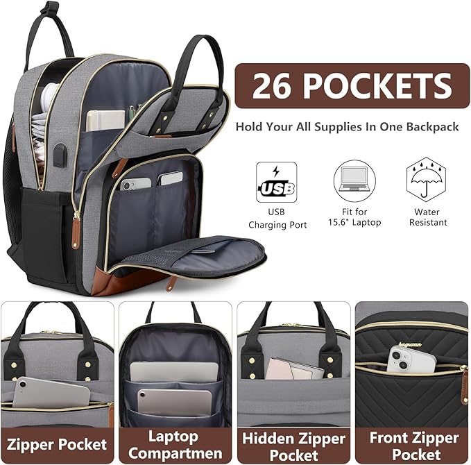 Laptop Backpack for Women Work Bag - 15.6 inch Travel Backpack Purse with USB Charger College Bookbag Waterproof Casual Daypack Fashion Business Computer Backpacks for Teacher Nurse Black Grey Brown