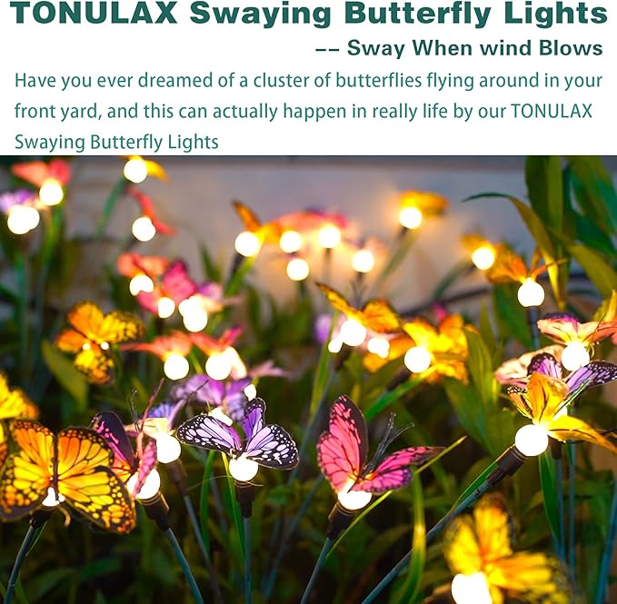TONULAX Solar Garden Lights - 8 Pack Swaying Butterfly Light, Swaying in The Wind, Solar Outdoor Lights, Yard Patio Pathway Decoration, High Flexibility Iron Wire & Realistic Butterflies(8 Pack)