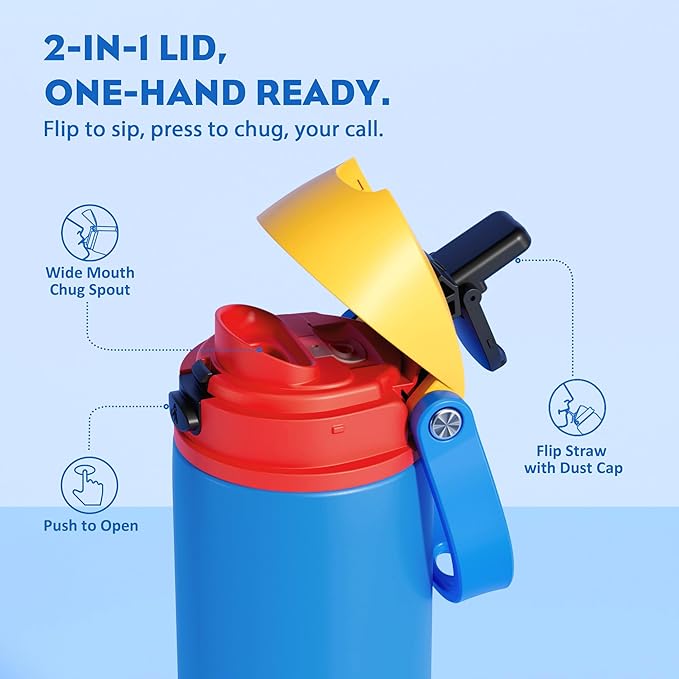 POWCAN 24 oz Insulated Water Bottle with Straw: 2-in-1 with Push-Button Spout & Quick-Flip Straw, Leakproof, Cold 24Hrs, Fits Car Cup Holder, Stainless Steel Cup for Sports, Outdoors (Sailor Quack)
