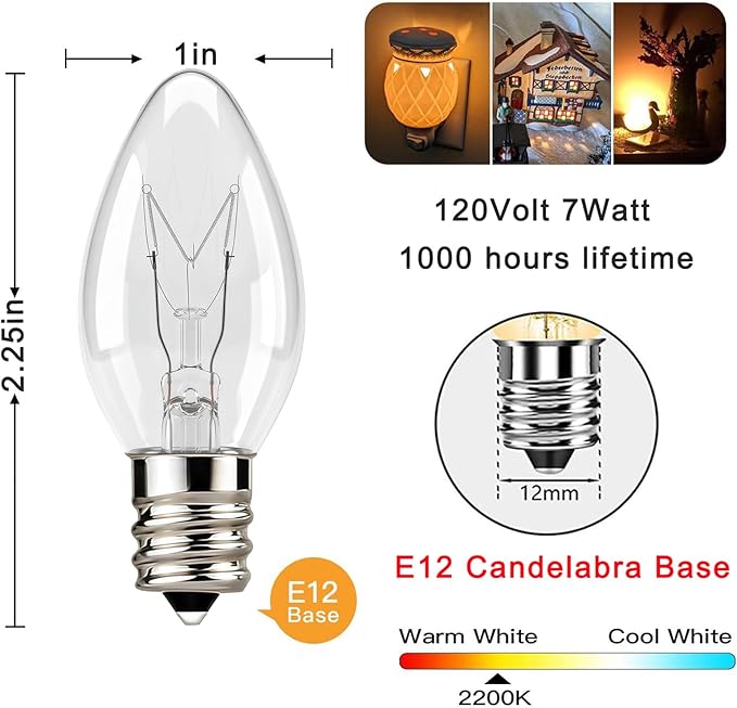 25 Pack C7 Clear Replacement Bulbs, C7 Outdoor Candle Light Bulbs, Night Candle Light for Indoor Outdoor Patio Bistro Party Decor Christmas String Light, E12 Candelabra Base, 5W