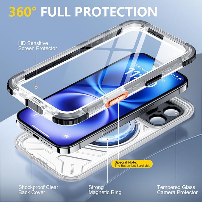 Red2Fire for iPhone 16 Case Waterproof, [Built-in Screen Protector & Camera Protector][Compatible with MagSafe][Full Body Shockproof][IP68 Waterproof][Dustproof] Phone Case 6.1" Black