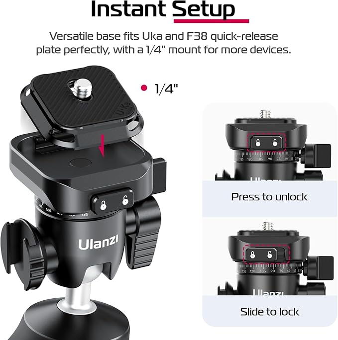ULANZI TT38 One-Click Opening Vlogging Tripod Uka Quick-Release F38 w Cold Shoe Panoramic Ball Head w Hidden Hook, Camera Tabletop Flexible Travel Tripods for Sony/Canon/Nikon/Fujifilm and More