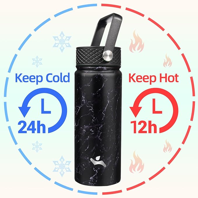 Konokyo 18 oz Insulated Water Bottle Stainless Steel Sport Bottles with 3 Lids,Marble Midnight